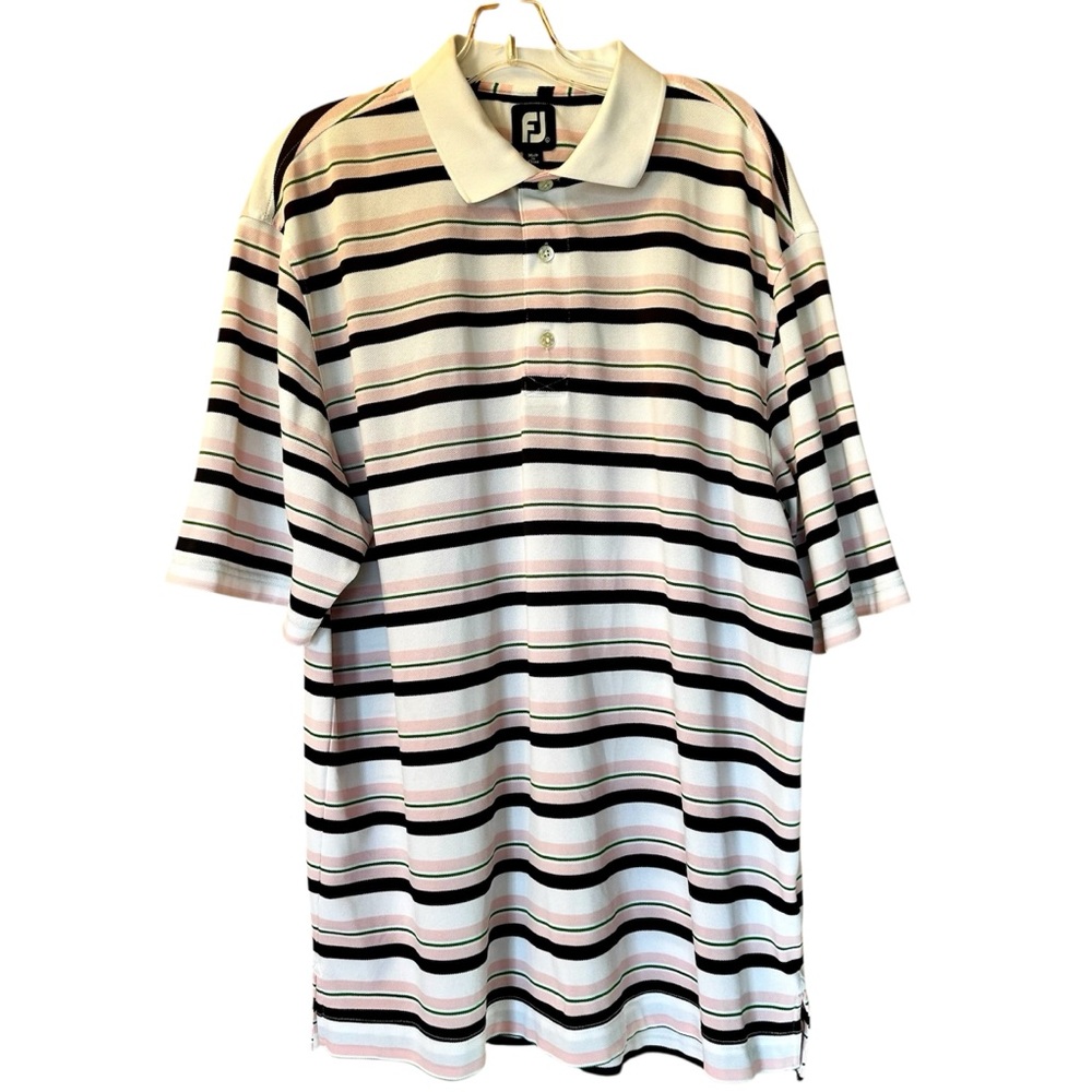 FootJoy Striped Polo Shirt White/Pink/Navy Sz XL Golf Performance Polo